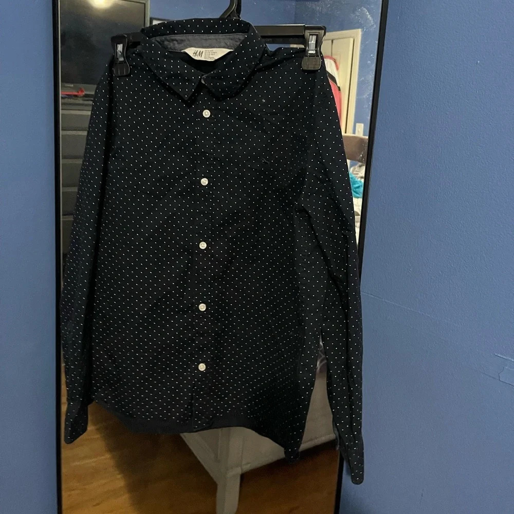 H&M Women's dark blue, white dot print dress shirt 14